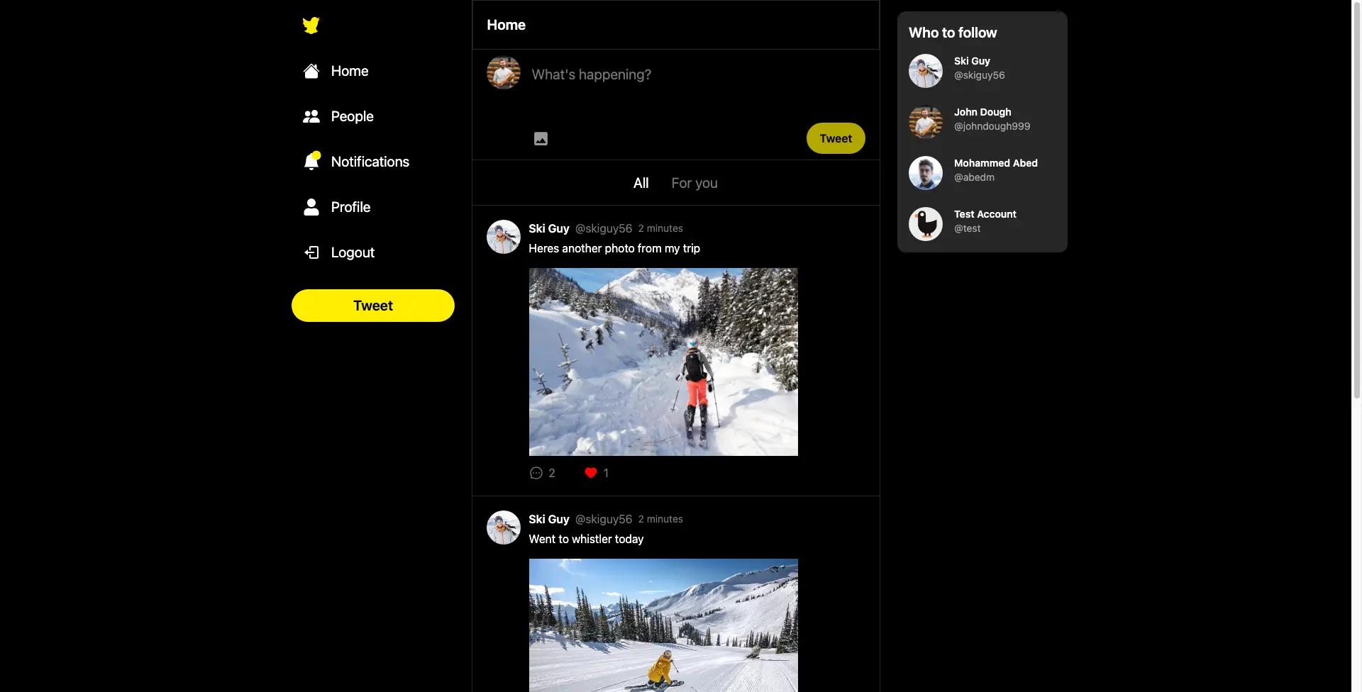 Showcase of Snapwitter, with a feed of tweets from other users